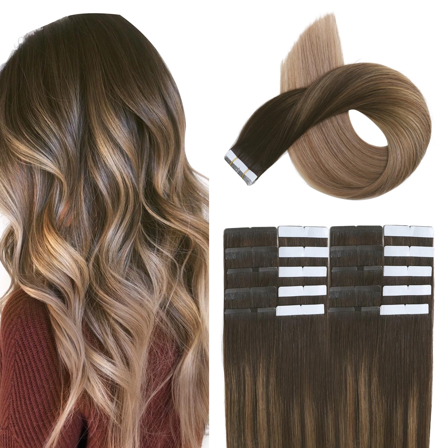 XDhair Tape in Real Human Hair Extensions 20Pcs 50G 22inch Straight Balayage Dark Brown to Chestnut Brown and Dirty Blonde Tape in Extensions for Women (#2/618,22Inch)