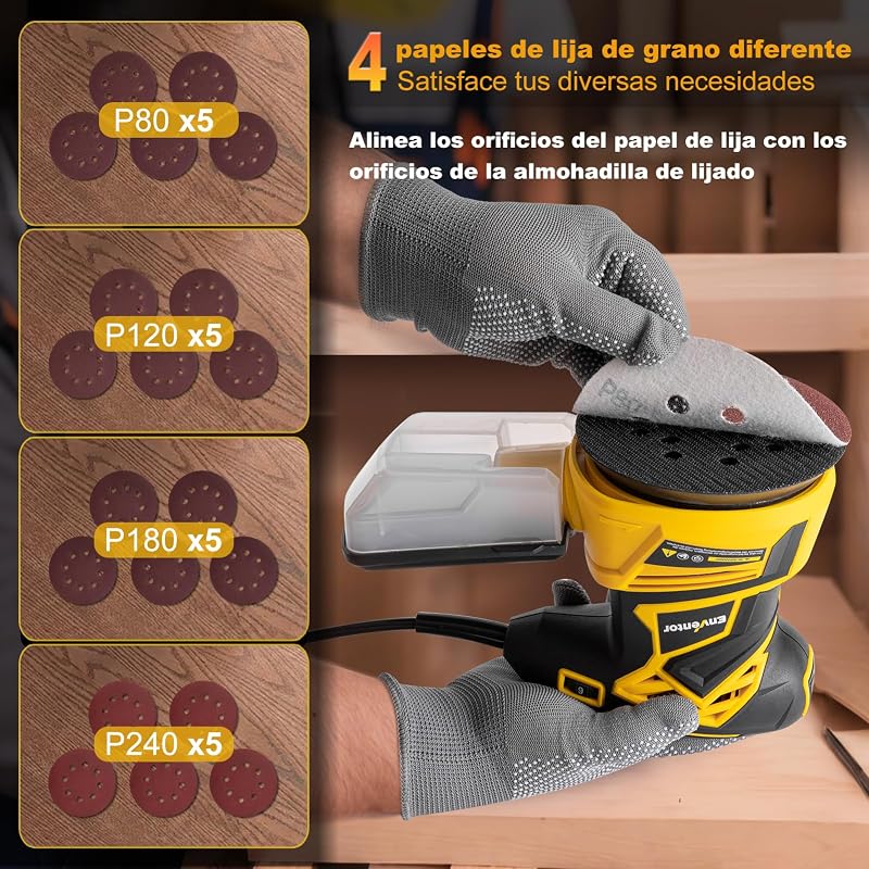 Lixadora de madeira, 350W, 6 velocidades, 125 mm, 20 lixa, 13000 RPM