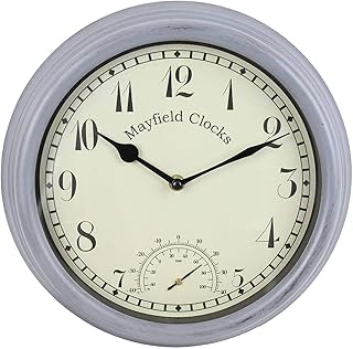 Mayfield Living Wanduhr Küchenuhr Gartenuhr 30cm wetterfest Anthrazit Grau Landhaus Thermometer Innen und Aussen