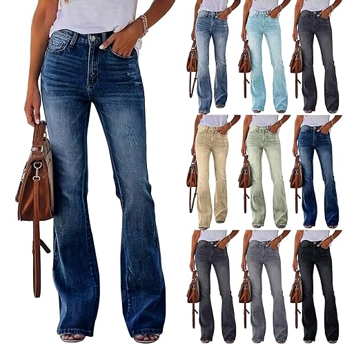 Women's Jeans, Wide Leg Jeans for Women Skinny High Waisted Denim Bell Bottom Pants with Pockets Trendy Tummy Control Flared Trousers M