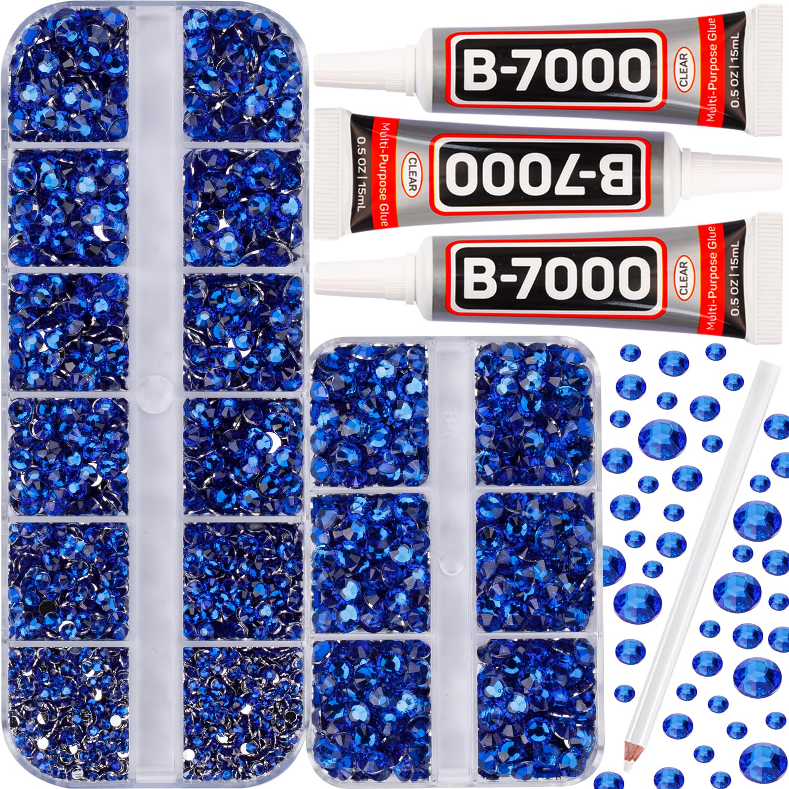 Photo 1 of 7500Pcs Blue Rhinestones Flatback with b-7000 Jewelry Glue for Crafts Clothing Clothes Fabric Tumblers, Royal Dark Navy Blue Flat Back Gems, Crystals Diamonds Different Sizes 6/10/16/20 ss, Non Hotfix