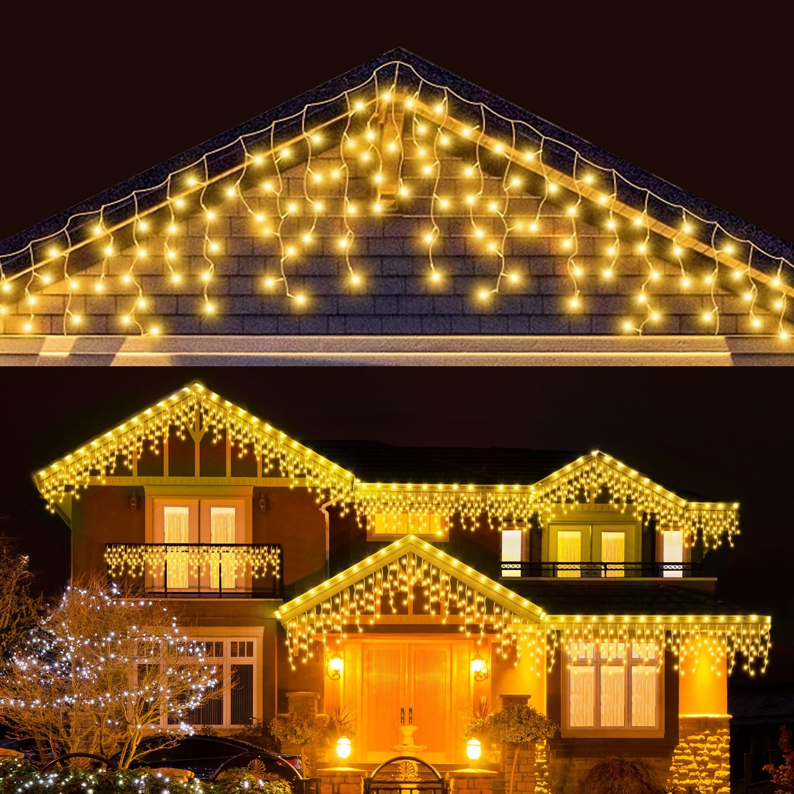 LEDYA Icicle Outdoor Christmas Lights, 55ft/17m 480 LED Warm White Fairy Lights, Mains Powered Outside & Indoor Decorations Icicle Lights with 8 Modes for Window, Roof, Garden, Wall, Gazebo — image 1