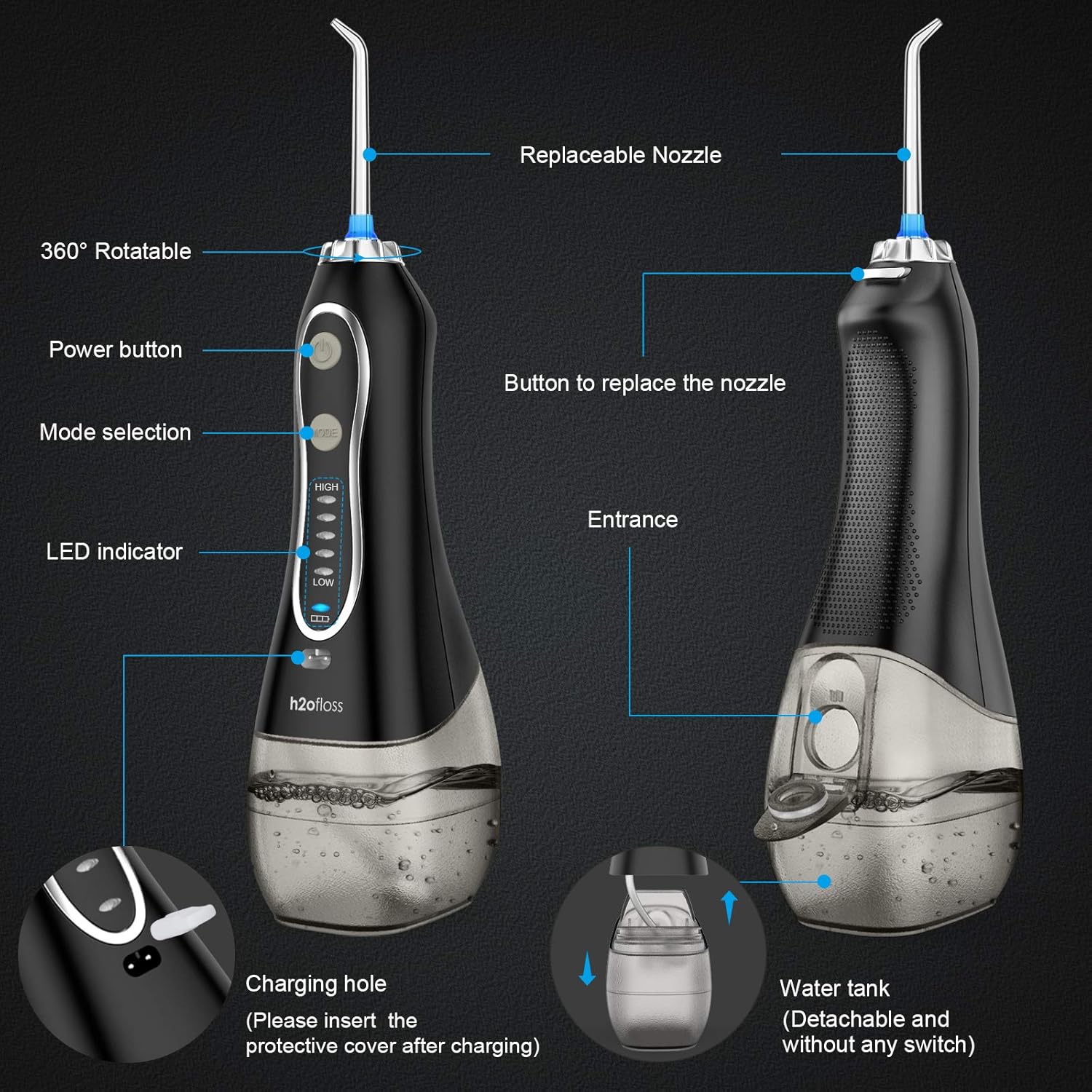 H2ofloss Water Flosser Portable Dental Oral Irrigator with 5 Modes, 6 Replaceable Jet Tips, Rechargeable Waterproof Teeth Cleaner for Home and Travel -300ml Detachable Reservoir: Beauty