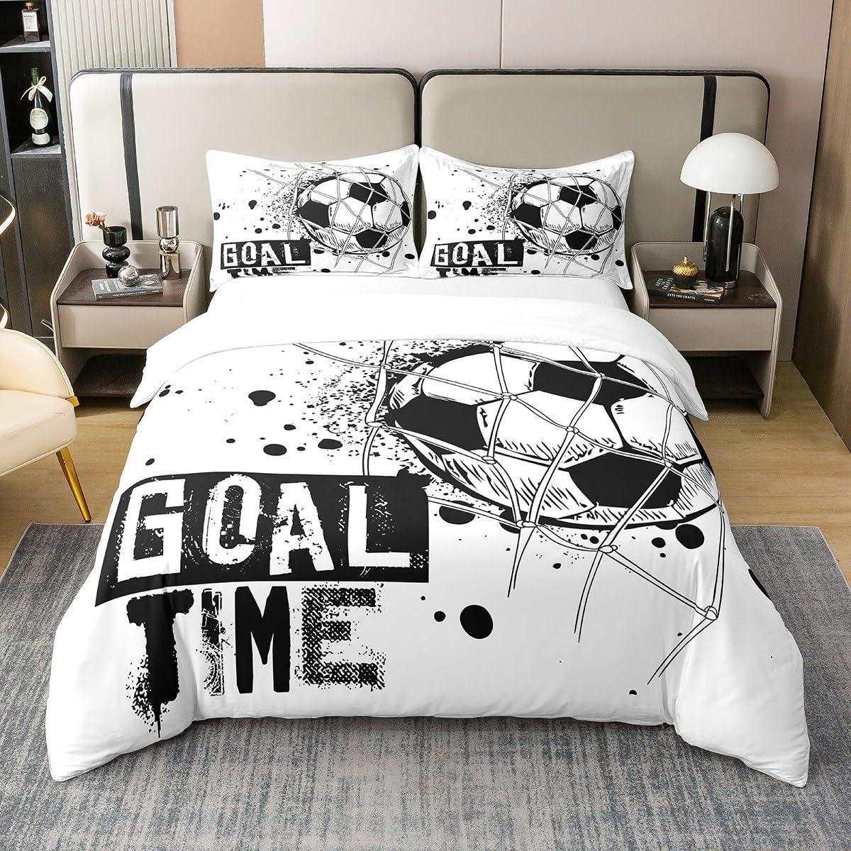 Homewish Kids Football 100% Washed Cotton Comforter Cover Single Soccer Bedding Set Sports Games Duvet Cover for Boys Girls Children Teens Geometric Polygon Quilt Cover for Bedroom,Black White — image 1