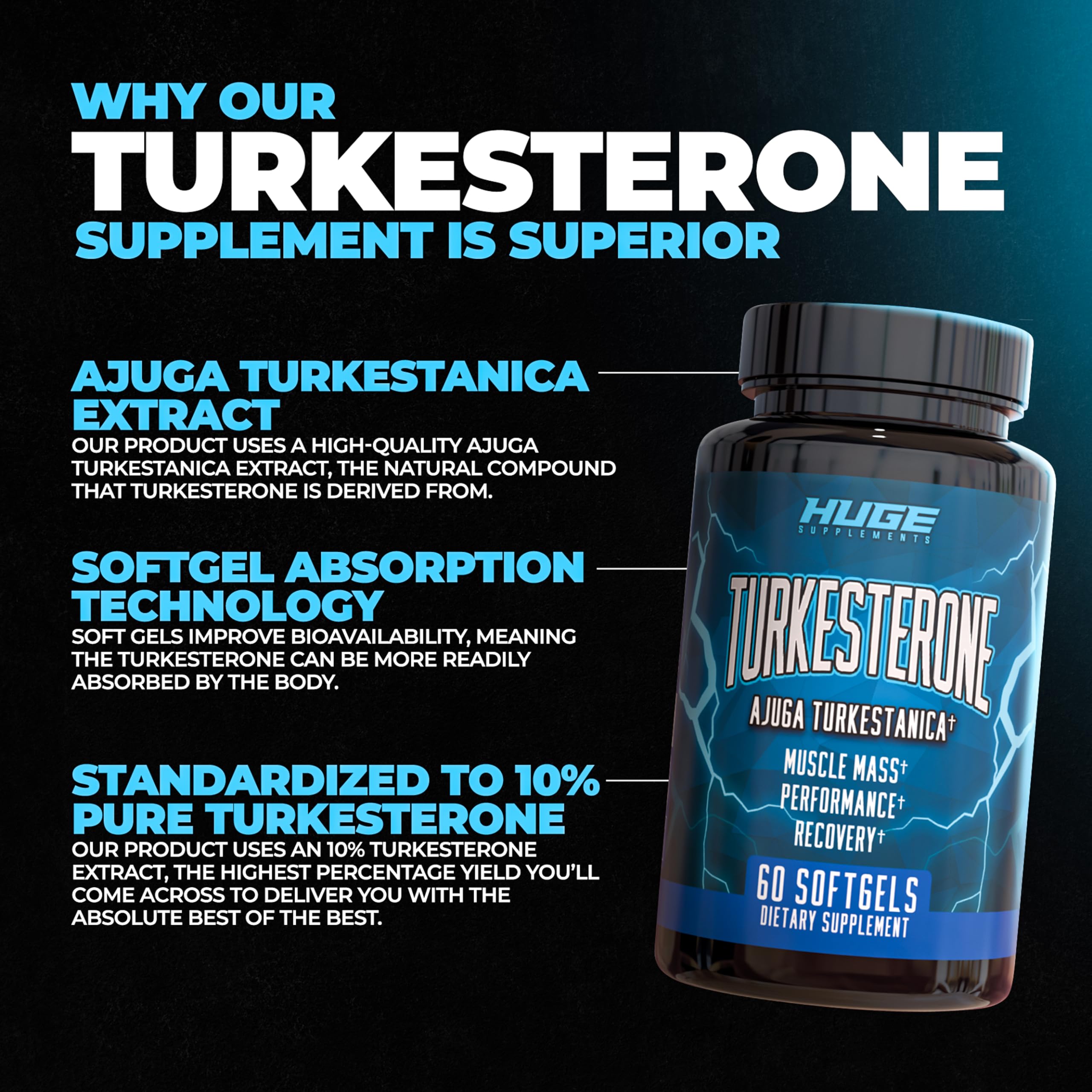 Turkesterone Supplement (500mg) Ajuga Turkestanica Extract, Improve Lean Muscle Mass, Exercise Performance, Improve Muscle Recovery with Our Softgel Absorption Technology (60 Softgels)