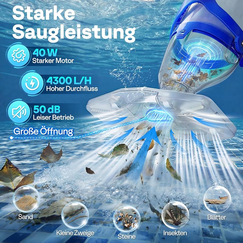 Poolsauger Akku 4300 LPH Absaugung mit 250cm Verlängerungsstange
