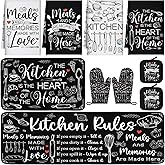 Fourluoo 10 Pcs Farmhouse Kitchen Decor Oven Mitts and Pot Holders Sets Kitchen Dish Towels Black and White Rustic Pattern Oven Gloves for Home Decorations Baking Cooking Christmas Valentines Gifts