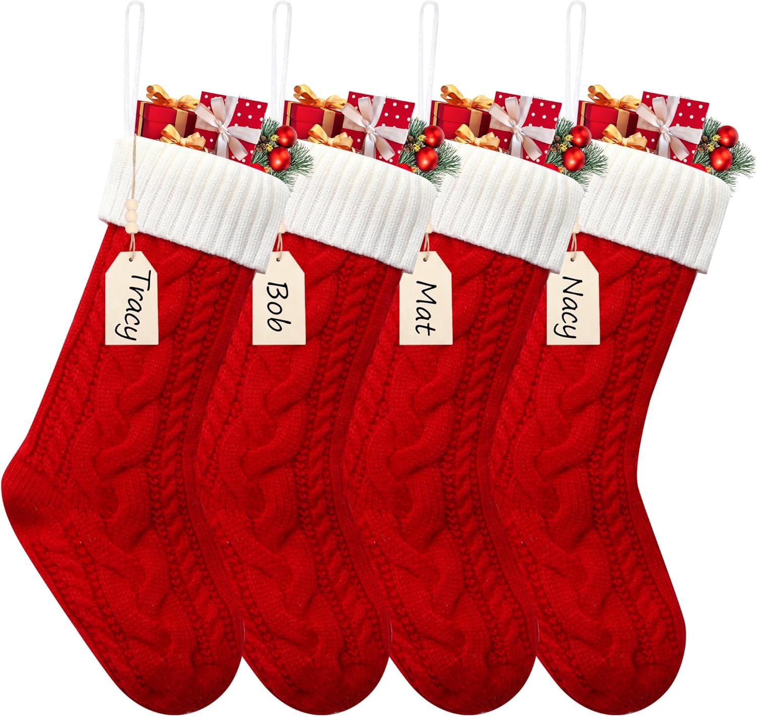 Stockings & Holders - Sxmder 4 Pack Red Knitted Christmas Stockings, 19 Inches Large Cable Knitted Stocking Xmas Hanging Decorations Personalized Stockings with DIY Wood Name Tags for Family Christmas Holiday Party Decor
