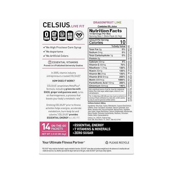 CELSIUS® ON-THE-GO POWDER STICKS DRAGONFRUIT LIME, ESSENTIAL ENERGY 2.8 OZ
