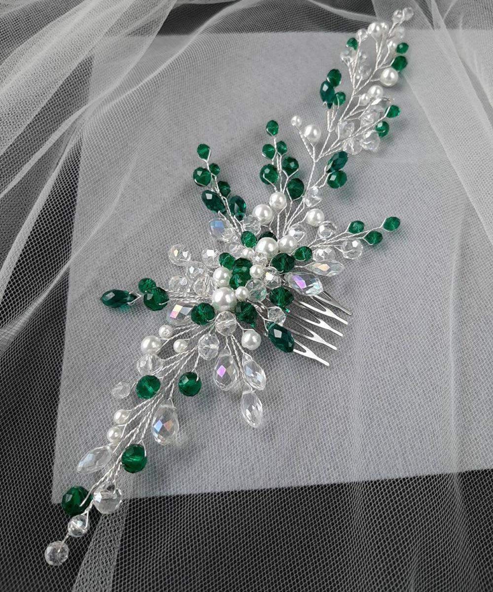 BERYUAN Women Pearl Headpiece Emerald Green Crystal Back Hair Comb Piece Silver Hair Vine Wedding Hair Accessory Gift for Her Party Headress for Bride Bridesmaid Girls(Silver)