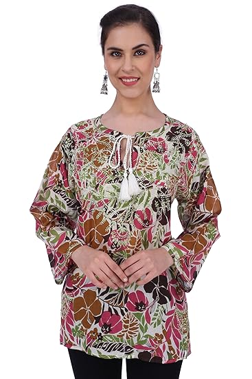 Women's Cotton Chikankari Printed Top - (Multicolor-Large)