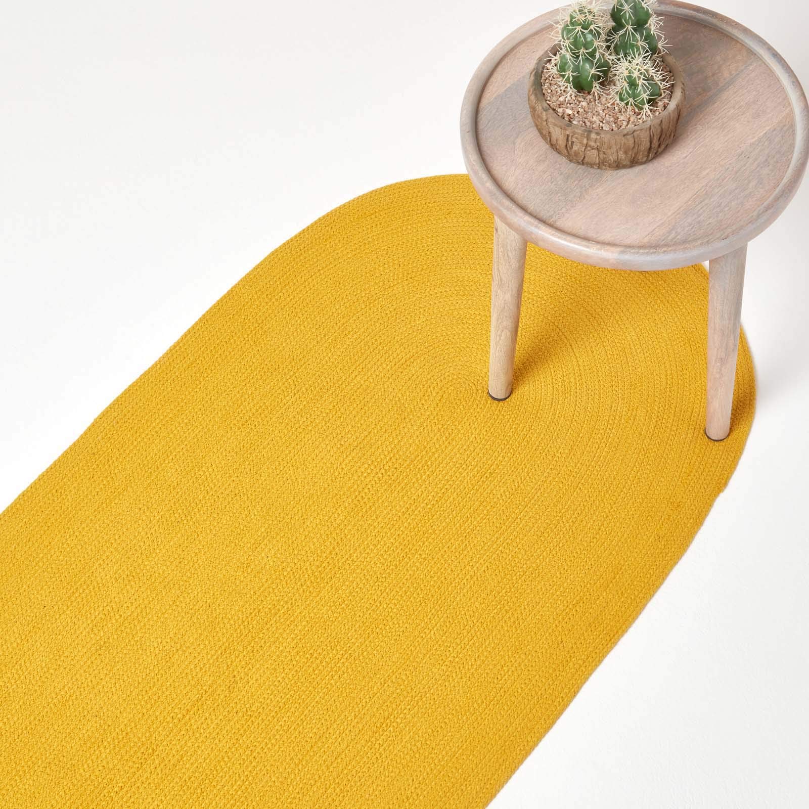 HOMESCAPES Mustard Yellow Handmade Braided Oval Hallway Runner & Living Room Woven Cotton Large Rug 66 x 200 cm