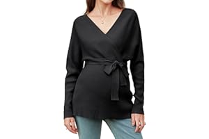 OUGES Womens Soft Cotton Blend Maternity Sweater Wrap V Neck Long Sleeve V Back Fall Shirts Pregnancy Outfits with Belt