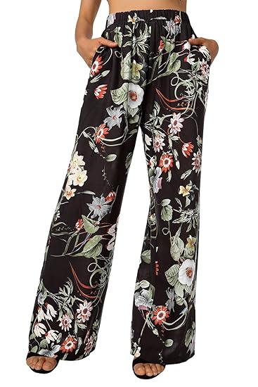 BAISHENGGT Damen Blumenmuster Locker Weite Beine Lange Hose mit Seitentaschen