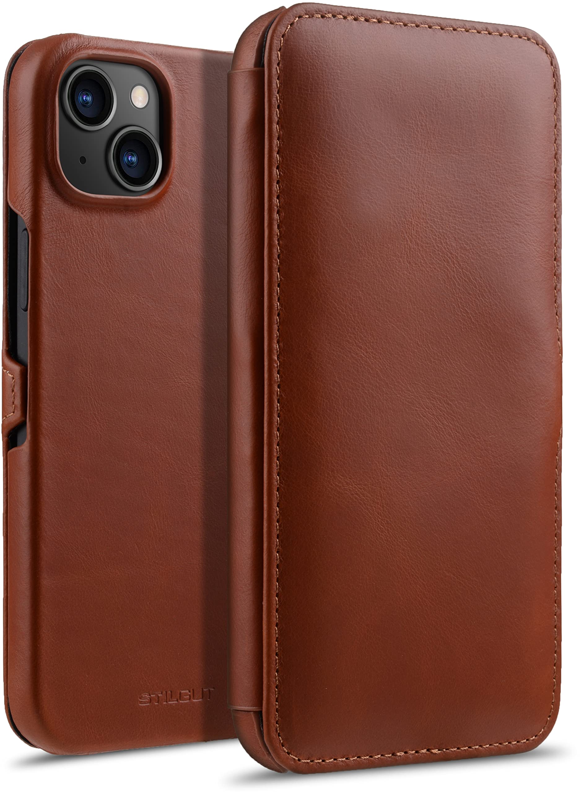 STILGUT Book Case Compatible with iPhone 14 Plus (6.7 Inch) Leather Case with Clip Closure, Flip Case, Mobile Phone Case, Leather Case - Cognac