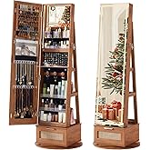 Joaxswe Rattan 360° Swivel Jewelry Armoire Cabinet Standing with Full Length Mirror, Lockable Jewelry Organizers and Drawer Storage with 3 Color LED Lights & Interior Mirror Rear Storage Shelves