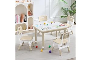 DOREROOM Kids Table and 4 Chairs Set, Height Adjustable (17.7"-26.1") Toddler Table and Chair Set, Multi-Activity Table with Graffiti Desktop, Children’s Table and Chairs for Classroom, Home & Daycare