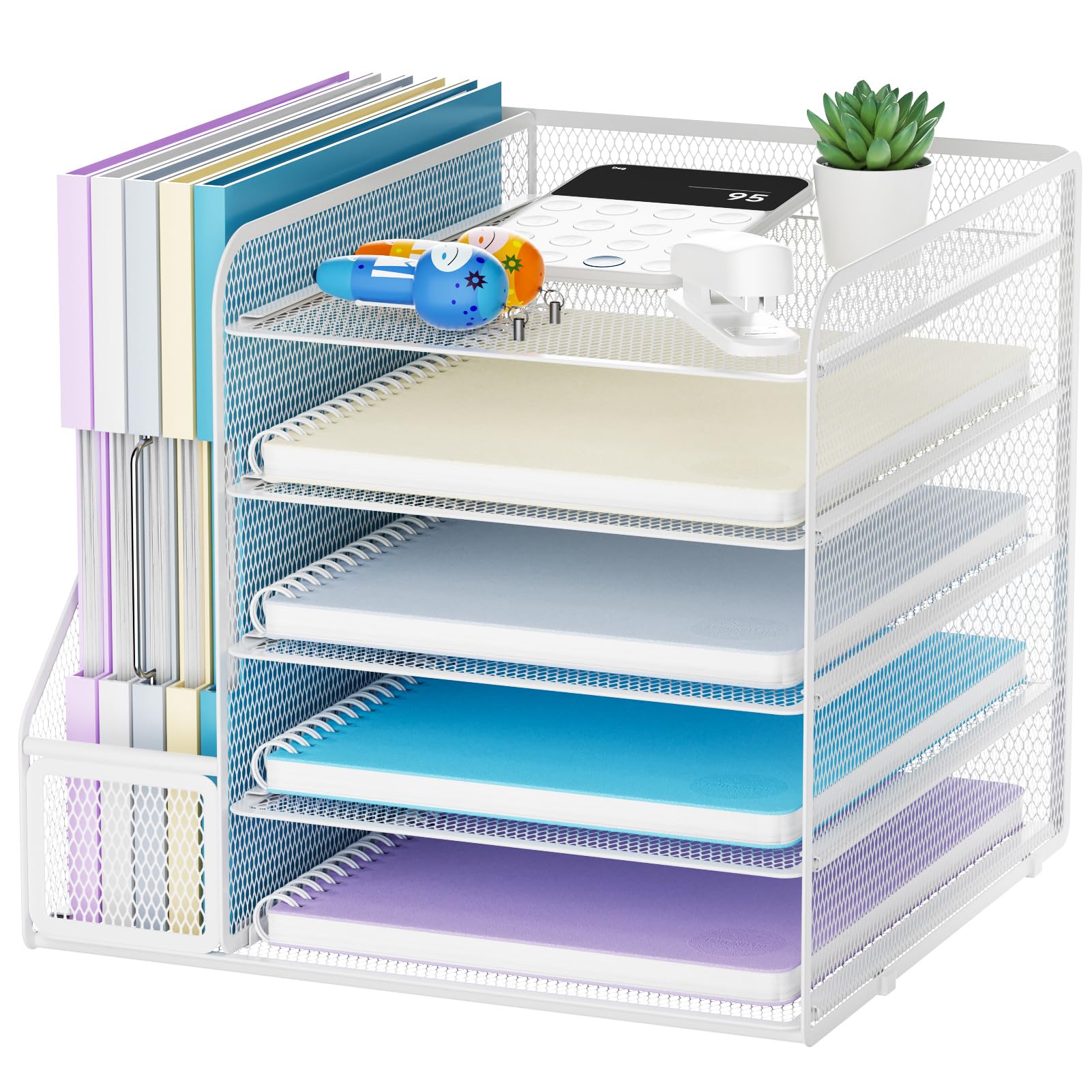 Photo 1 of Marbrasse Desk Organizers and Accessories, 5-Tier Paper Letter Tray Organizer with File Holder, Mesh File Organizer, Office Desk Accessories & Organization for Supplies (White)