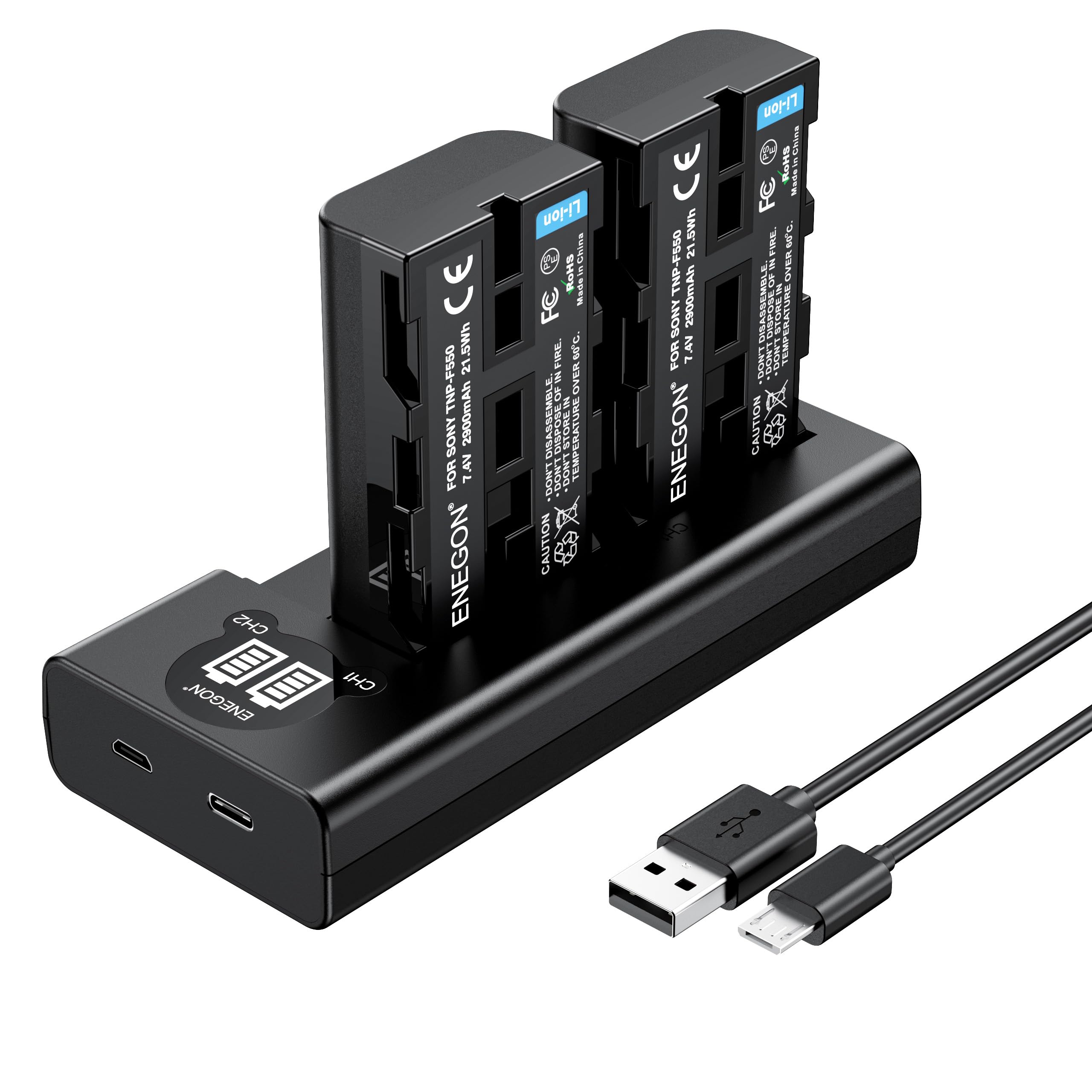 ENEGON NP-F550 Battery(2 * 2900 mAh) and LCD Rapid Charger for Sony NP-F970 NP-F750 NP-F770 NP-F960 NP-F550 NP-F530 NP-F570 CCD-SC55 TR516 TR716 TR818 TR910 TR917 CN160, CN-216 LED Light & More