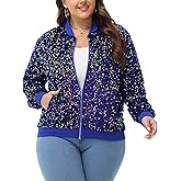 Anna-Kaci Women's Sequin Jacket Plus Size Sparkly Zip Bomber Coat With Pockets For Concert Party
