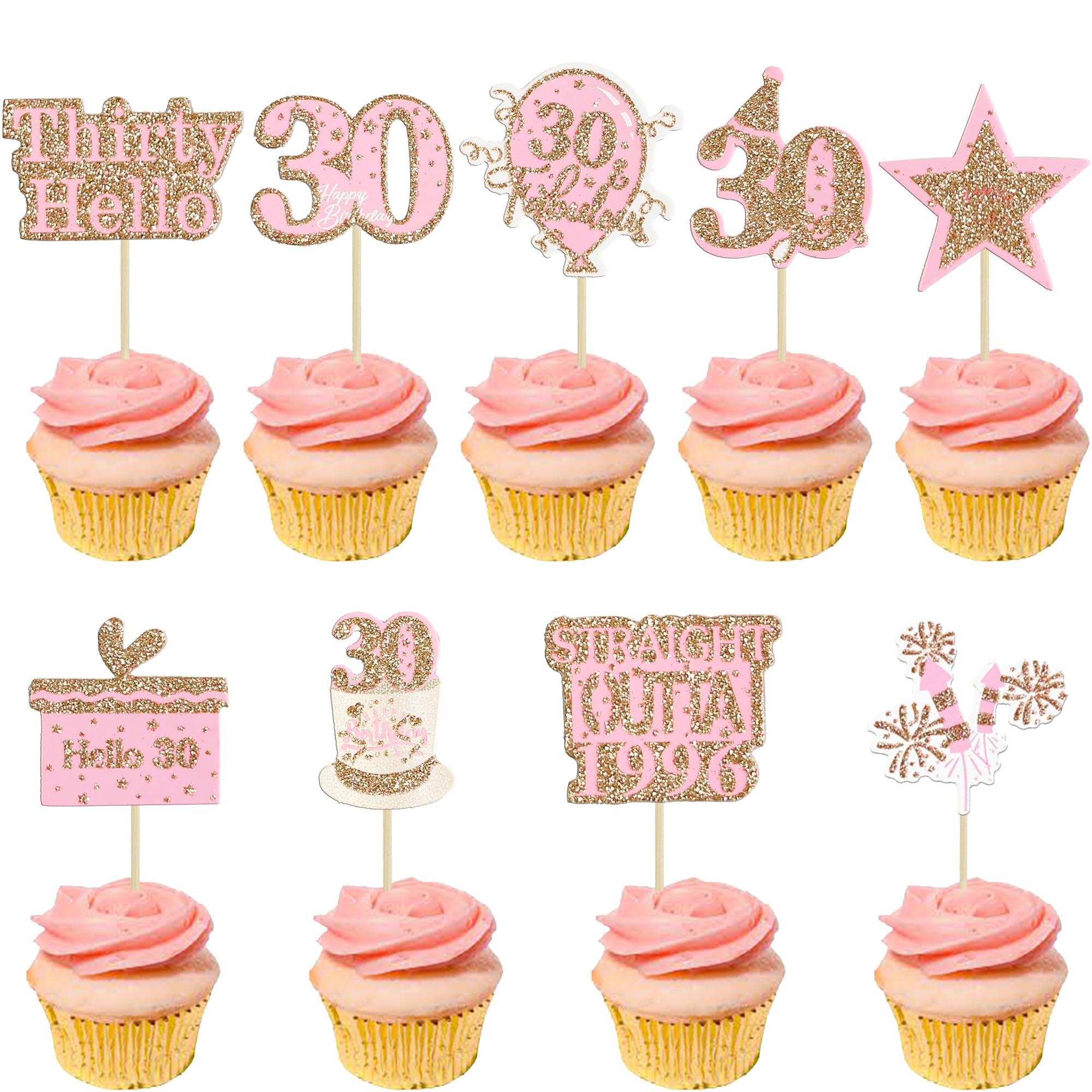 Gyufise 36Pcs Happy 30th Birthday Cupcake Toppers Glitter Rose Gold Thirty Hello 30 Straight Outta 1996 Cupcake Picks Cheers to 30 Years 30 Fabulous Cake Decorations for 30th Birthday Party Supplies
