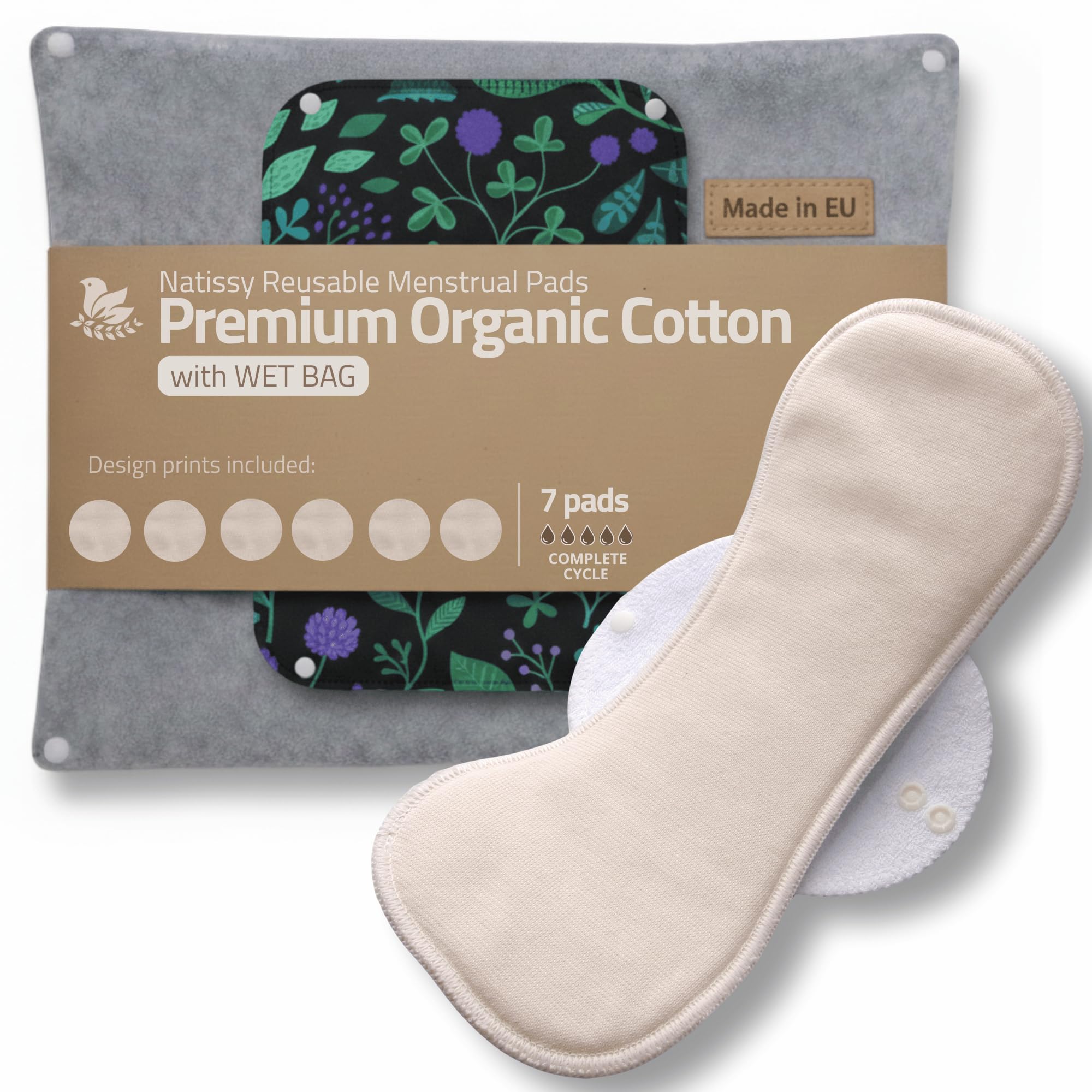 Made in EU – Reusable Sanitary Pads for Light to Heavy Flow - 7 Pack (S, M, L & XL) – High-Temp Washable Cloth Period Pads for Women – Ultra Soft Organic Cotton & Secure Fit for Menstrual Comfort