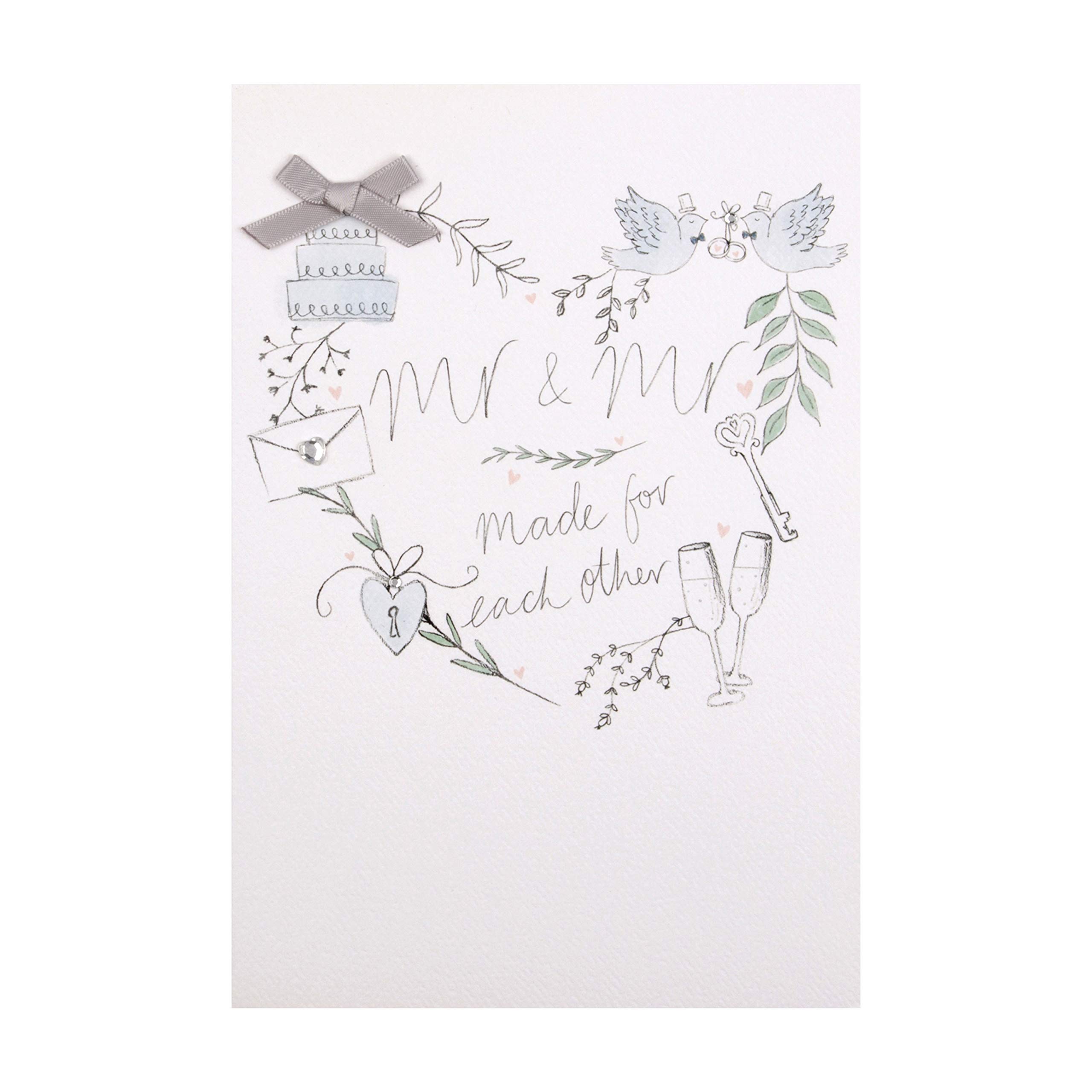 Hallmark Mr & Mr Wedding Congratulations Card - Contemporary Design with Gem and Ribbon Attachments