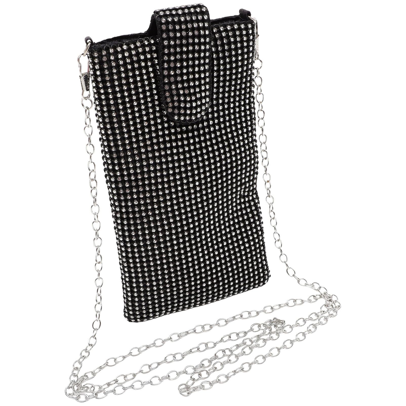 TENDYCOCO Women's Clutch Black Glitter Mini Shoulder Bag with Chain for Mobile Phone and Small Items Elegant Evening Bag 7 x 4 x 0.6 Inches