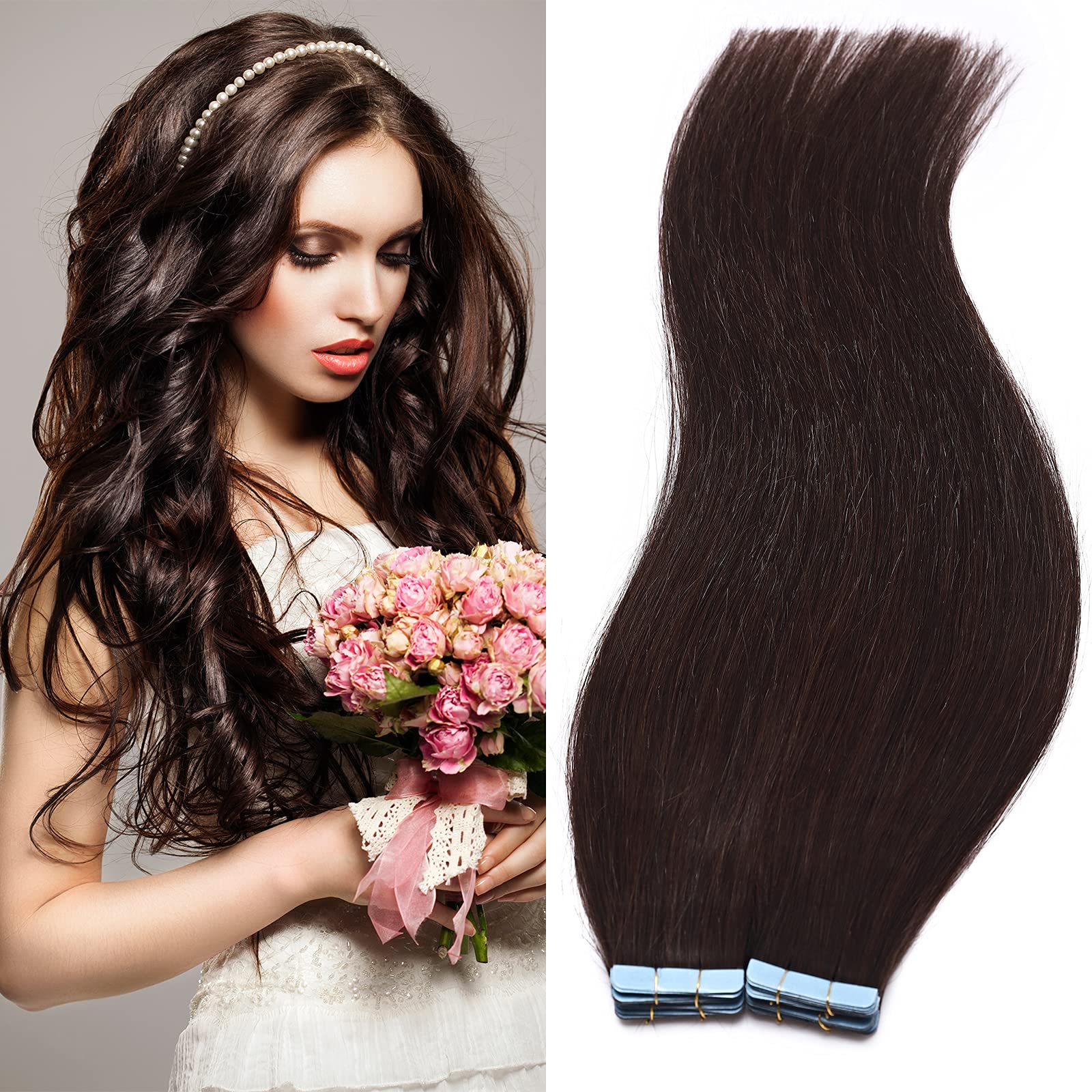 Silk-co Tape in Hair Extensions 16inch 40Pcs 100% Remy Human Hair #02 Dark Brown Full Head Skin Weft Seamless Straight