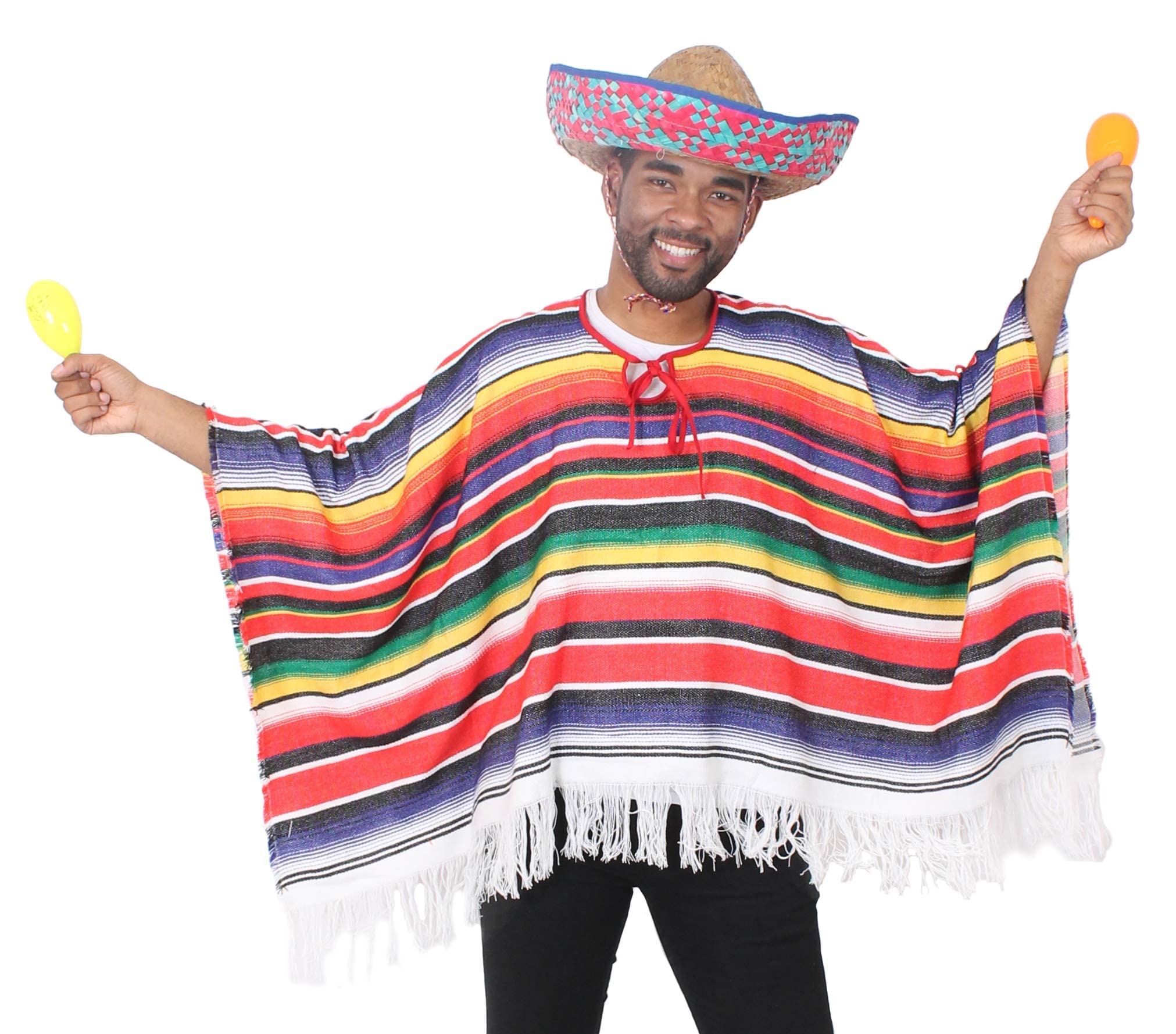 Adults Mexican Poncho Fancy Dress Costume - Multicoloured Overhead Mexico Deluxe Costume for Men and Women
