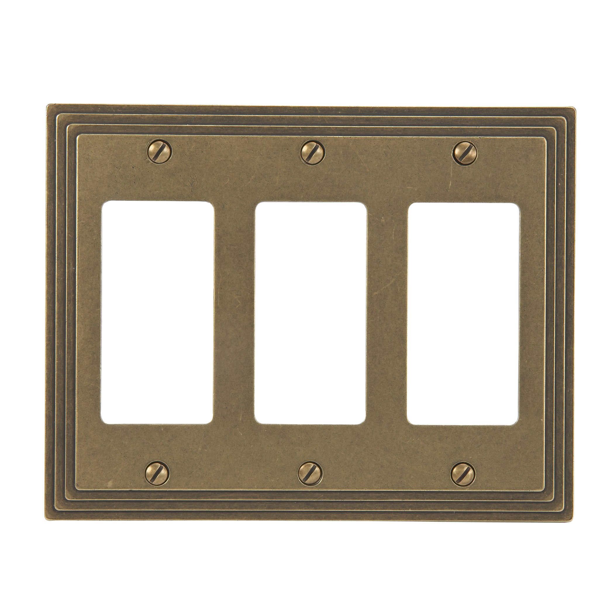 Photo 1 of AMERELLE 84RRRRB Steps Triple Rocker Cast Metal Wallplate in Rustic Brass