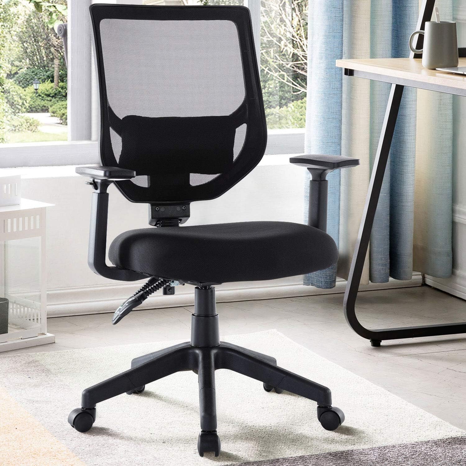 Rimiking Mesh Office Chair, Mid Back Ergonomic Swivel Black Mesh Computer Chair Adjustable Height and Armrest with Lumbar Support Task Chair: Kitchen & Dining