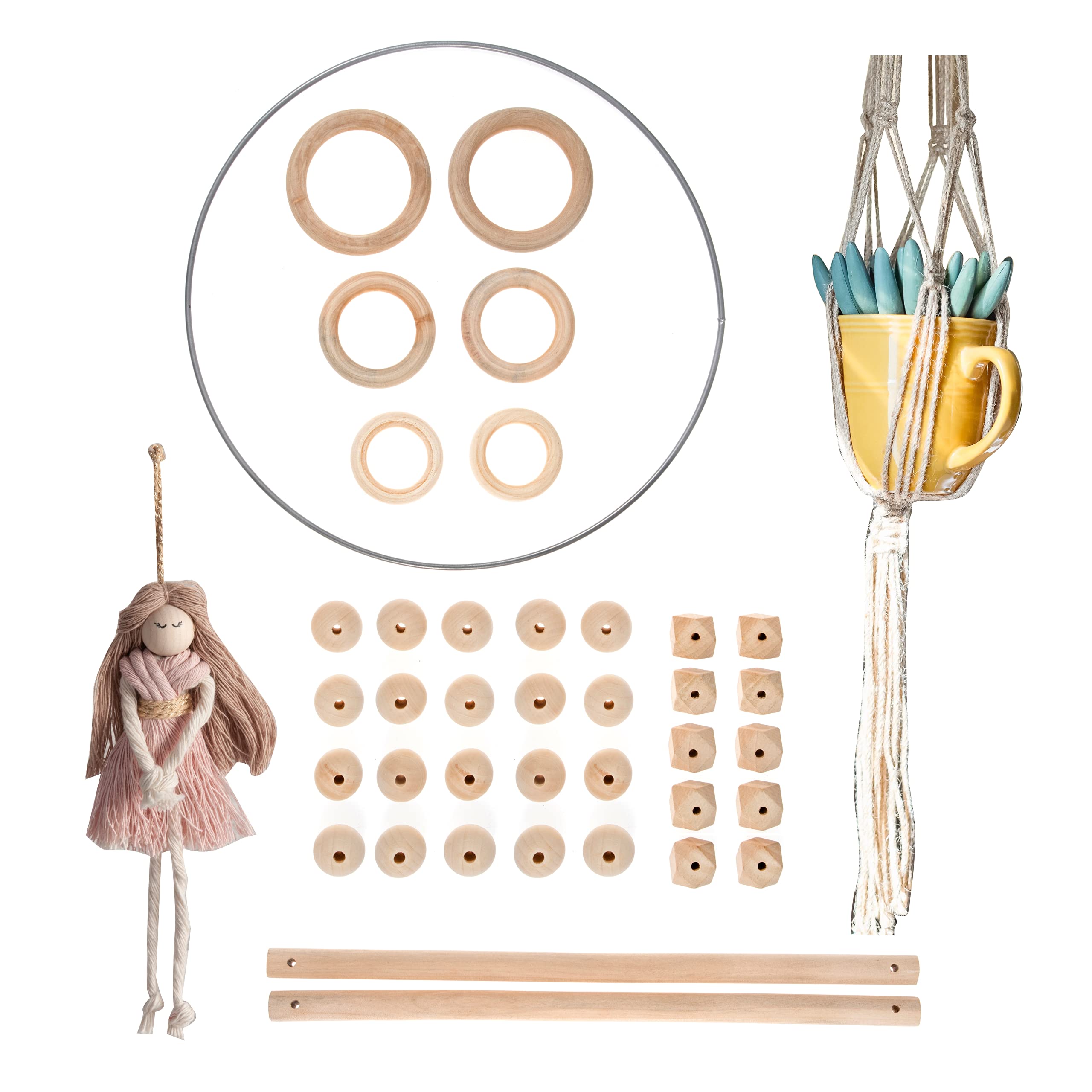 Trimits Macramé Starter Pack, Smooth Birch Wood, 39 Pieces, Natural
