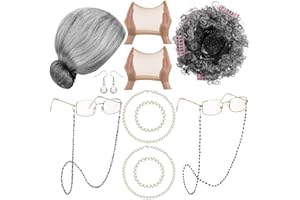 Yingzhao 13 Pcs 100 Days of School Old Lady Costume for Women Kids Grandma Granny Costume Wigs Old Lady Wigs for Cosplay(Dark Gray)