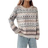 WDIRARA Women's Geometric Sweaters Crew Neck Long Sleeve Pullover Knit Tops Vintage Sweaters