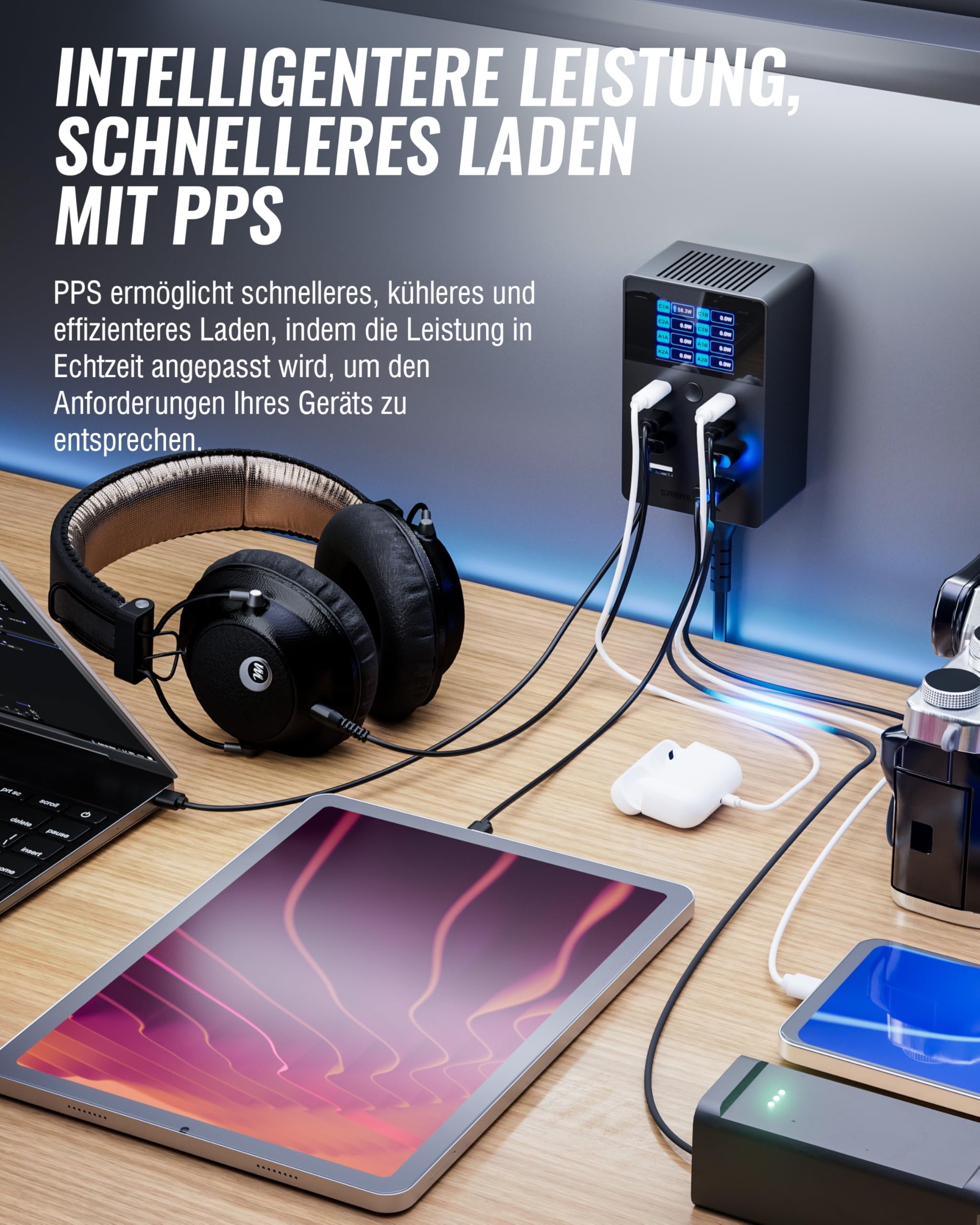 SABRENT USB Ladestation 252W 8-Port PD 3.0 mit LCD Display - GaN Charger Ladegerät - Schnelle Charging Station für USB-C & USB-A Geräte, Laptops, Smartphones - PPS, Überladungsschutz (AX-8PTC) 7