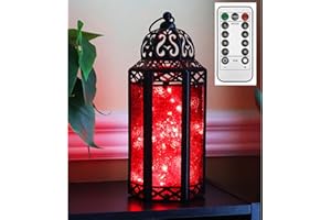 VELA LANTERNS Metal Moroccan Decorative LED Fairy Lights Candle Lantern Holders for Indoor Home Fantasy Decor, Table Centerpieces, Outdoor Patio or Porch, Weddings, Red, Medium
