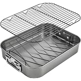 Bakeley 16 Inch Roasting Pan With 2 Rack Nonstick Carbon Steel for Turkey | V-shaped &amp; Flat Rack, PTFE &amp; PFOA-Free Easy Release, Heavy Duty, Up to 20LB, for Chicken, Vegetables, Holiday Meals, Black