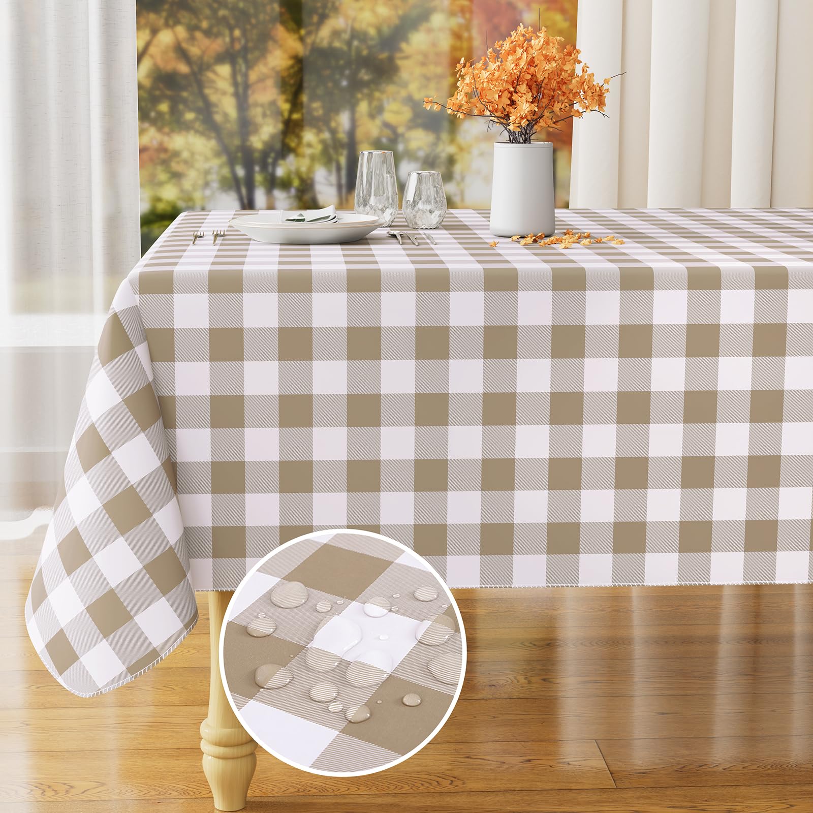 Photo 1 of misaya Rectangle Waterproof Vinyl Table Cloth, Buffalo Flannel Backed Tablecloth, Wipeable Plastic Table Cover for Dinner, Kitchen, Outdoor (60" x 84", Khaki and White)