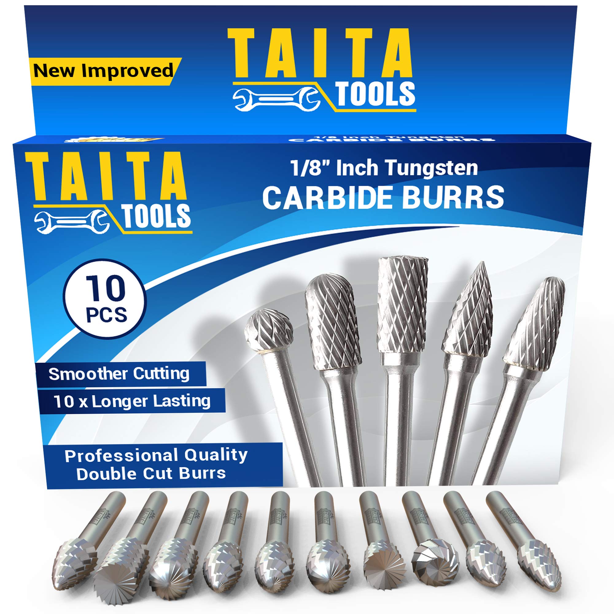10PC Double Cut Carbide Burr Set - 0.118" (3mm) Shank, Rotary Tool Cutting Burrs - Dremel Accessories, Fordom, Flex Shaft, Dewalt And Die Grinders - For Wood Carving, Metal Working And Engraving.