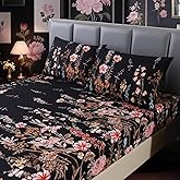 MAG 3pcs Black Floral Full Bed Sheet,Microfiber Flower Bedding Sheet Set,Boho Full Size Bed Sheets with1 Fitted Sheet and 2 Pillowcases,14 Inches Deep (Black, Full)