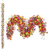 Artificial Flowers Garland Ivy, 4 Pack 5.9 FT Spring Summer Decor UV Resistant Fake Mums Floral Vine Silk Daisy Hanging Flower for Home Garden Wedding Decor Photo Booth Backdrop(Red purple yellow)