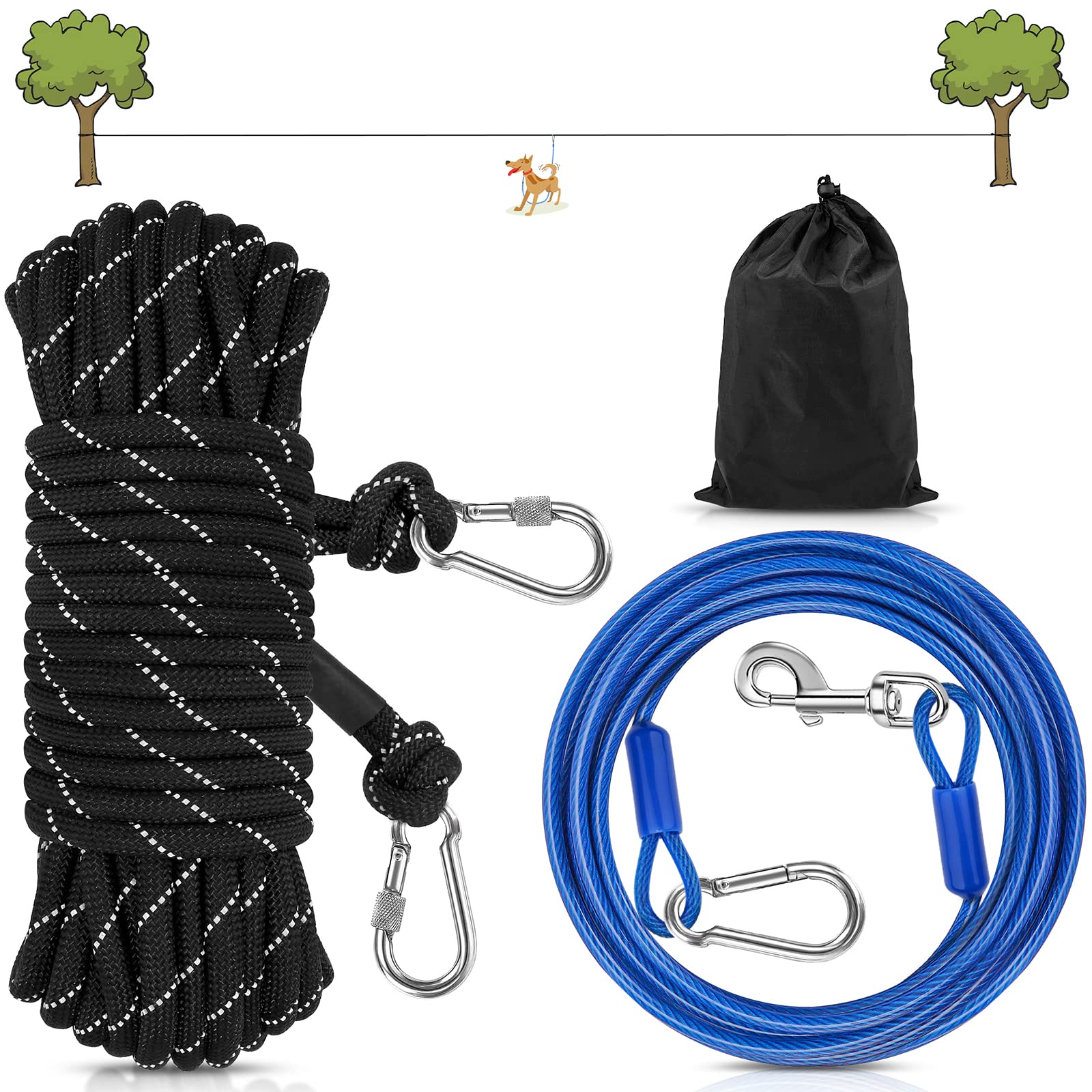 Photo 1 of Petbobi Dog Runner for Yard 50ft, Dog Tie Out Cable for Camping with 10ft Run Wire Cable, Portable Reflective Lead Line with 360° Tangle Free &Heavy-Duty Clasp for Yard, Park, Black