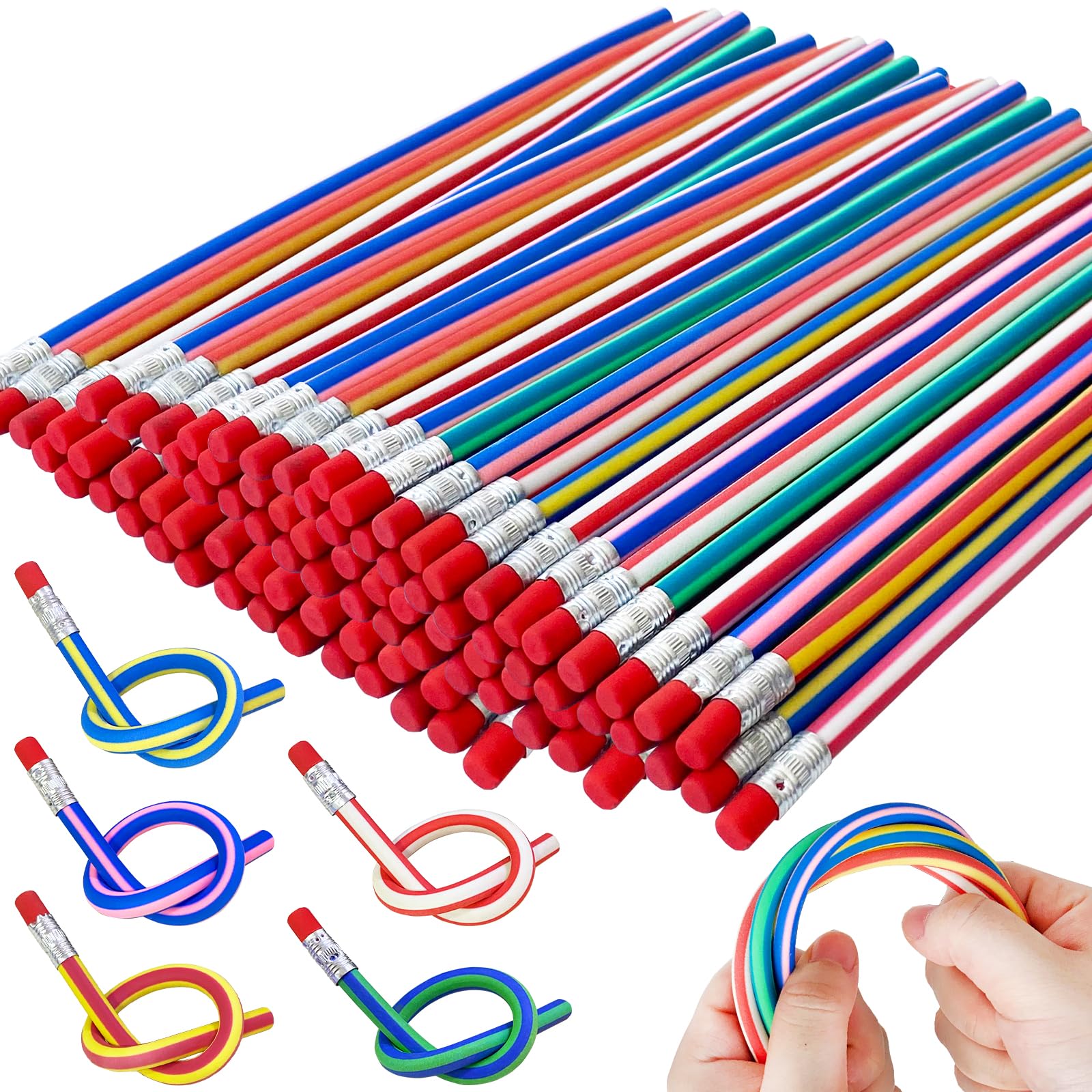 Photo 1 of 100 Pack Flexible Bendy Pencil,Stripe Rubber Pencil with Erasers,Colorful Bendable Soft Pencils for Classroom Gifts,Goodie Bag Fillers