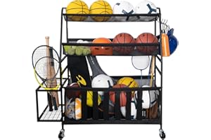 STORAGE MANIAC Ball Storage Bin Rolling Sports Ball Cart, Metal Garage Organizer Sport Rack Basketball Storage Cage for Garage or Gym, Indoor & Outdoor Sports Equipment Organizer Extra Large