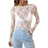 KTILG Womens Lace Long Sleeve Boat Neck Tops Sheer Blouse Sexy See Through Shirt Mesh Top S-XXL