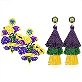 2 Pairs Mardi Gras Halloween Thanksgiving Earrings for Women Beaded Glitter Mask MARDI GRAS Fleur de Lis Earrings Tassel Dangle Fat Tuesday Carnival Parade Jewelry Gifts