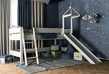 XXL Discount Kinderbett mit Rutsche Weiß, Hochbett Spielbett, Absturzsicherung & Leiter, Liegefläche 90 x 200 cm, 100% Buche 