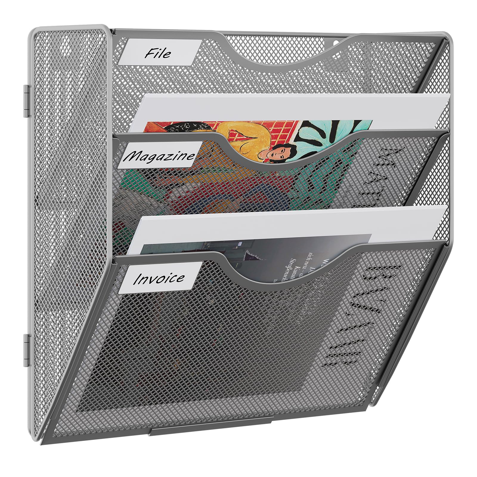 EasyPAG 3 Tier A4 Mesh in Tray Assemble Wall Pocket File Holder Hanging Mail Organiser Magazine Storage Rack,Silver