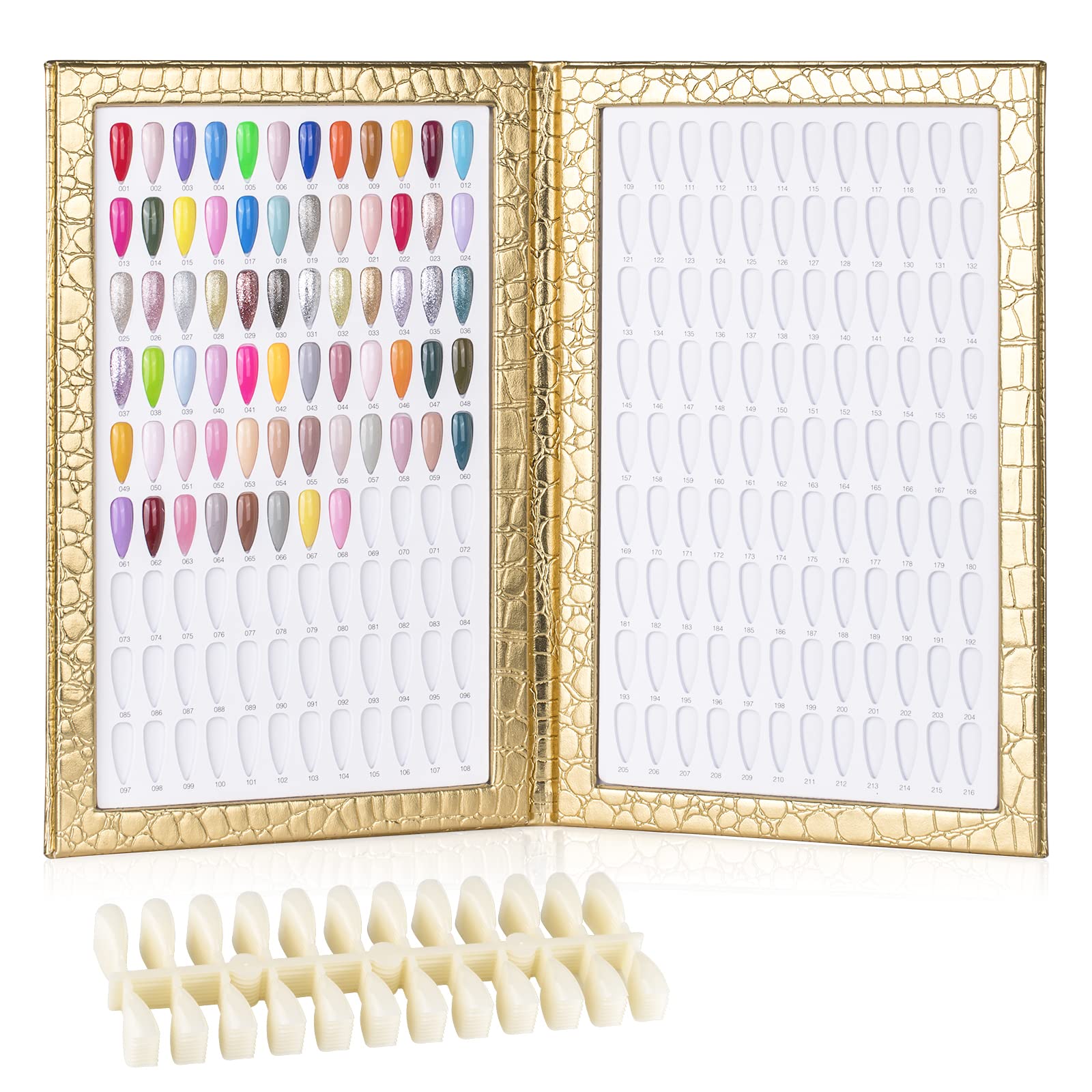 BNG Nail Colour Display Book 216 Colors Nails Art Card Chart with 240 Pcs False Nails Tips, Leather Book For Salon Gel Polish Sample Showing Tools, Gold